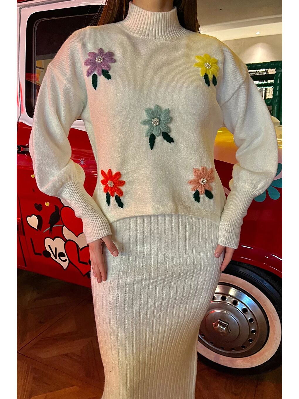 Ekru Kadın Yarım Balıkçı Yaka Nakışlı Triko Bluz Elbise İkili Takım-2