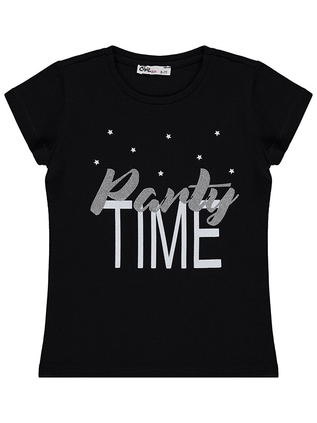 Girls Party Time Baskılı 6-9 Yaş Tişört - Siyah