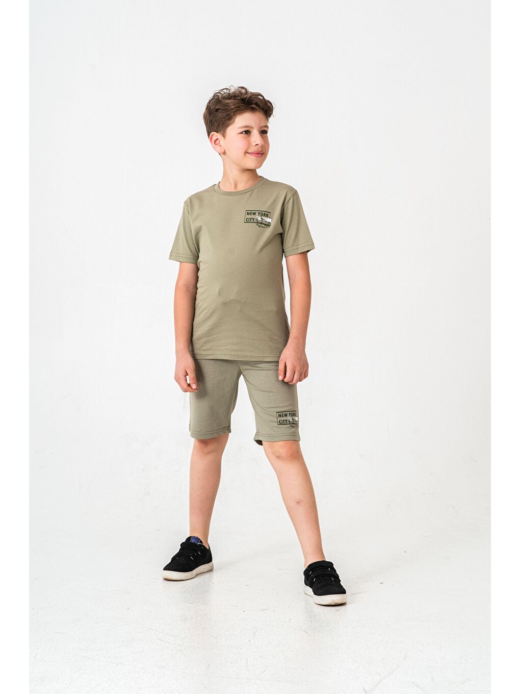 Yeşil New York City Baskılı  Erkek Çocuk Şort - Tişört Takımı-1