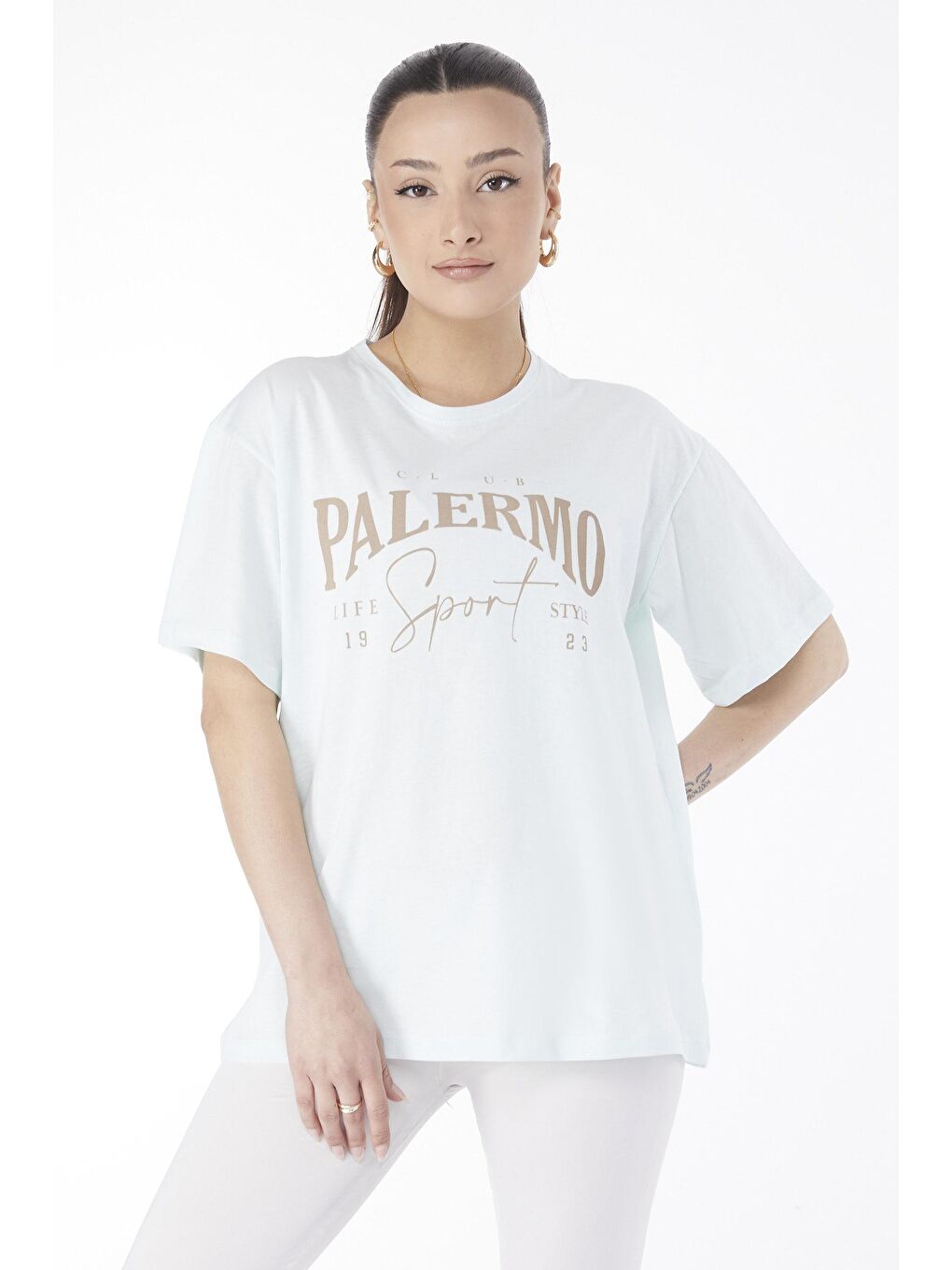 Bisiklet Yaka Kadın Yeşil Kısa Kollu Baskılı Tişört - 24637-1