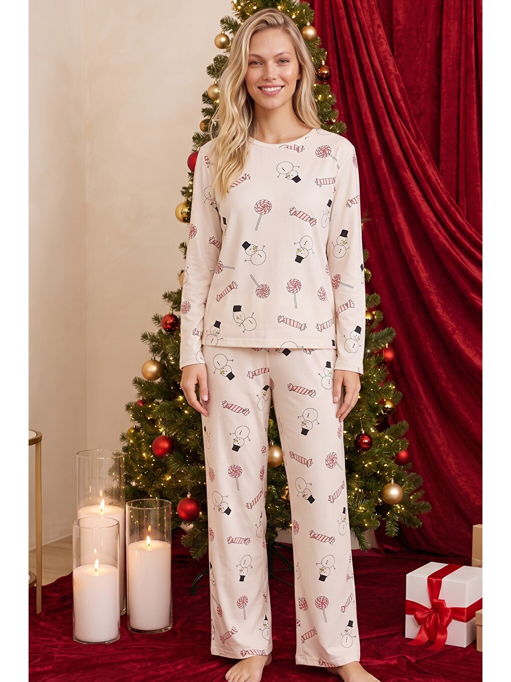 Ekru Desenli Termal Kumaşlı Ultra Soft Yumuşak Örme Pijama Takımı-1