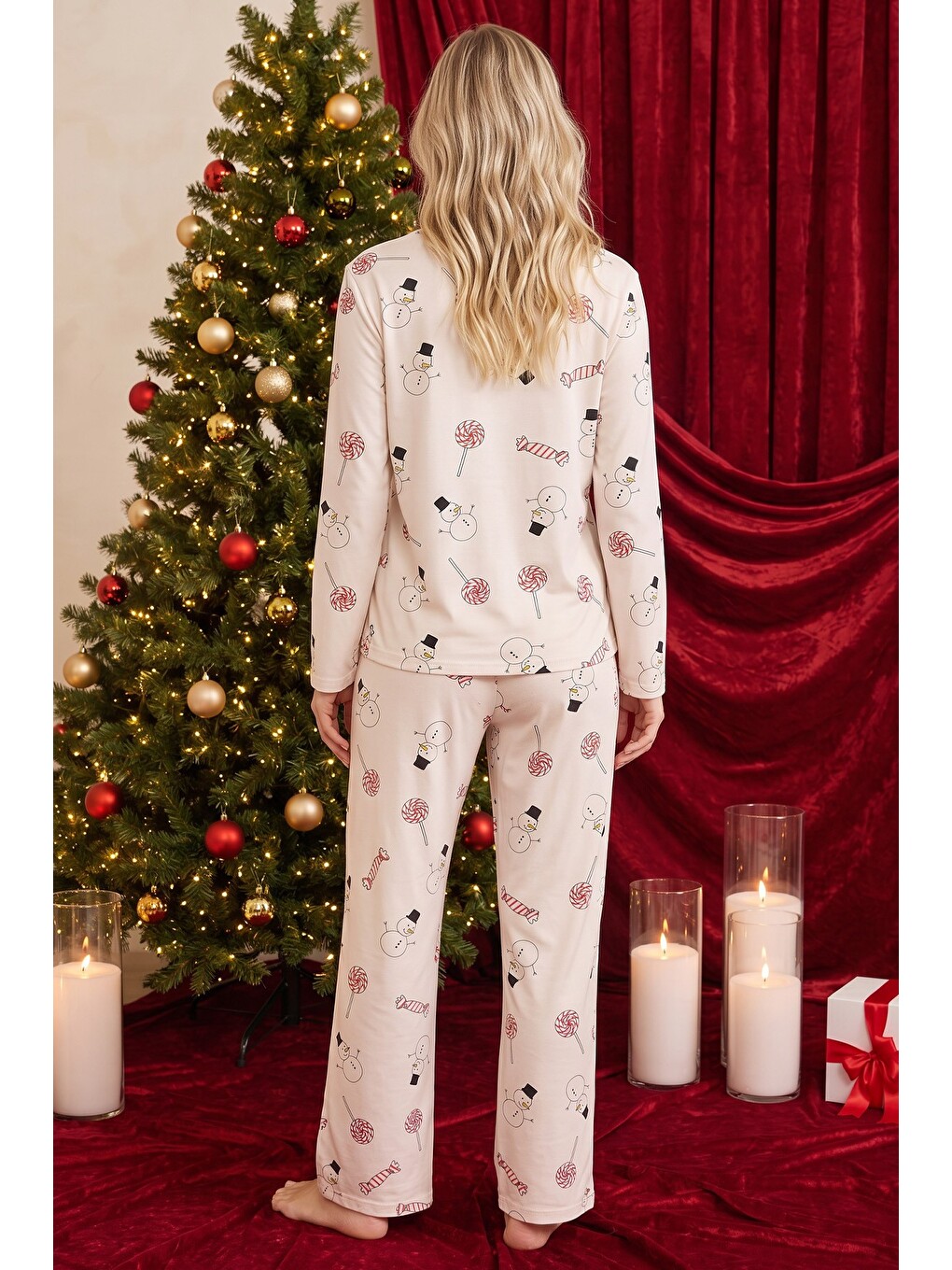 Ekru Desenli Termal Kumaşlı Ultra Soft Yumuşak Örme Pijama Takımı-2