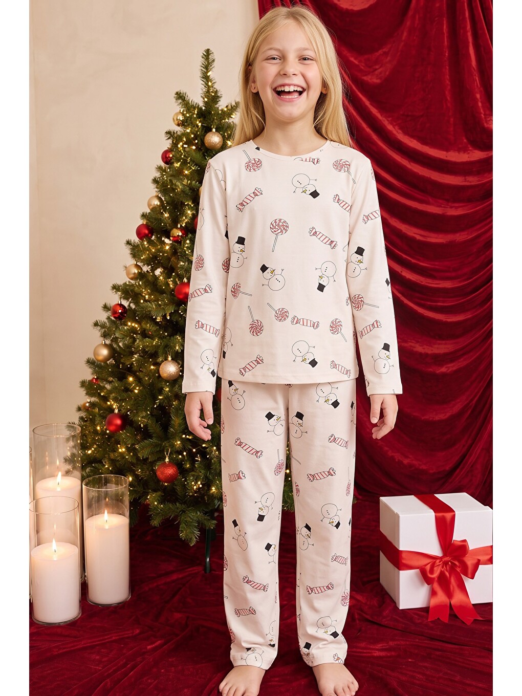 Ekru Desenli Termal Kumaşlı Ultra Soft Yumuşak Örme Pijama Takımı-3