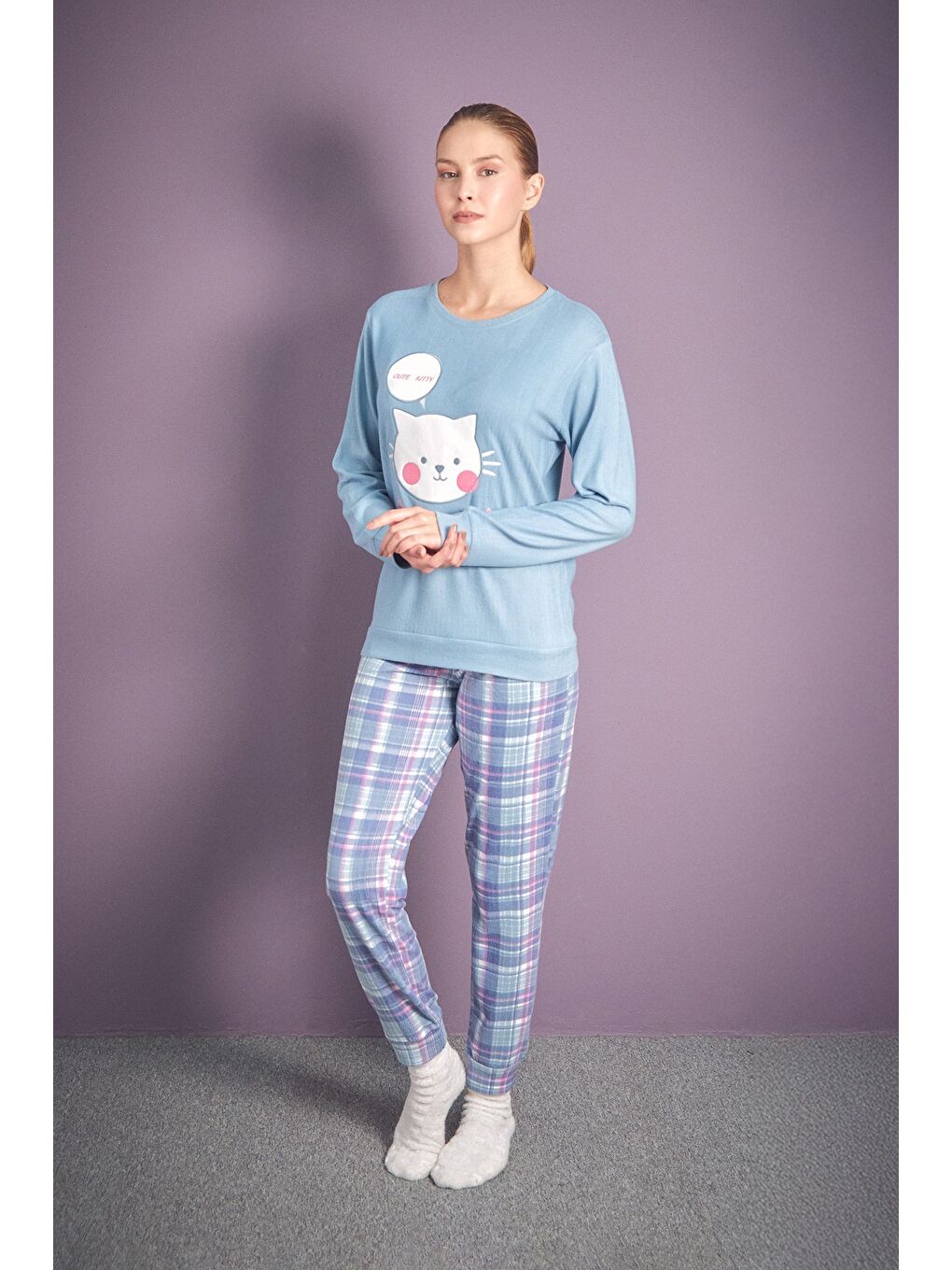 Mavi Kedi Nakışlı Bisiklet Yaka 2'li Pijama Takımı