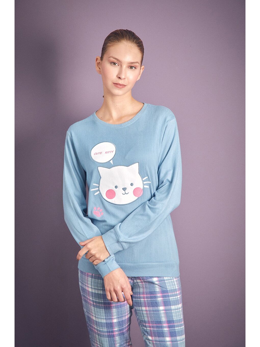 Mavi Kedi Nakışlı Bisiklet Yaka 2'li Pijama Takımı-1