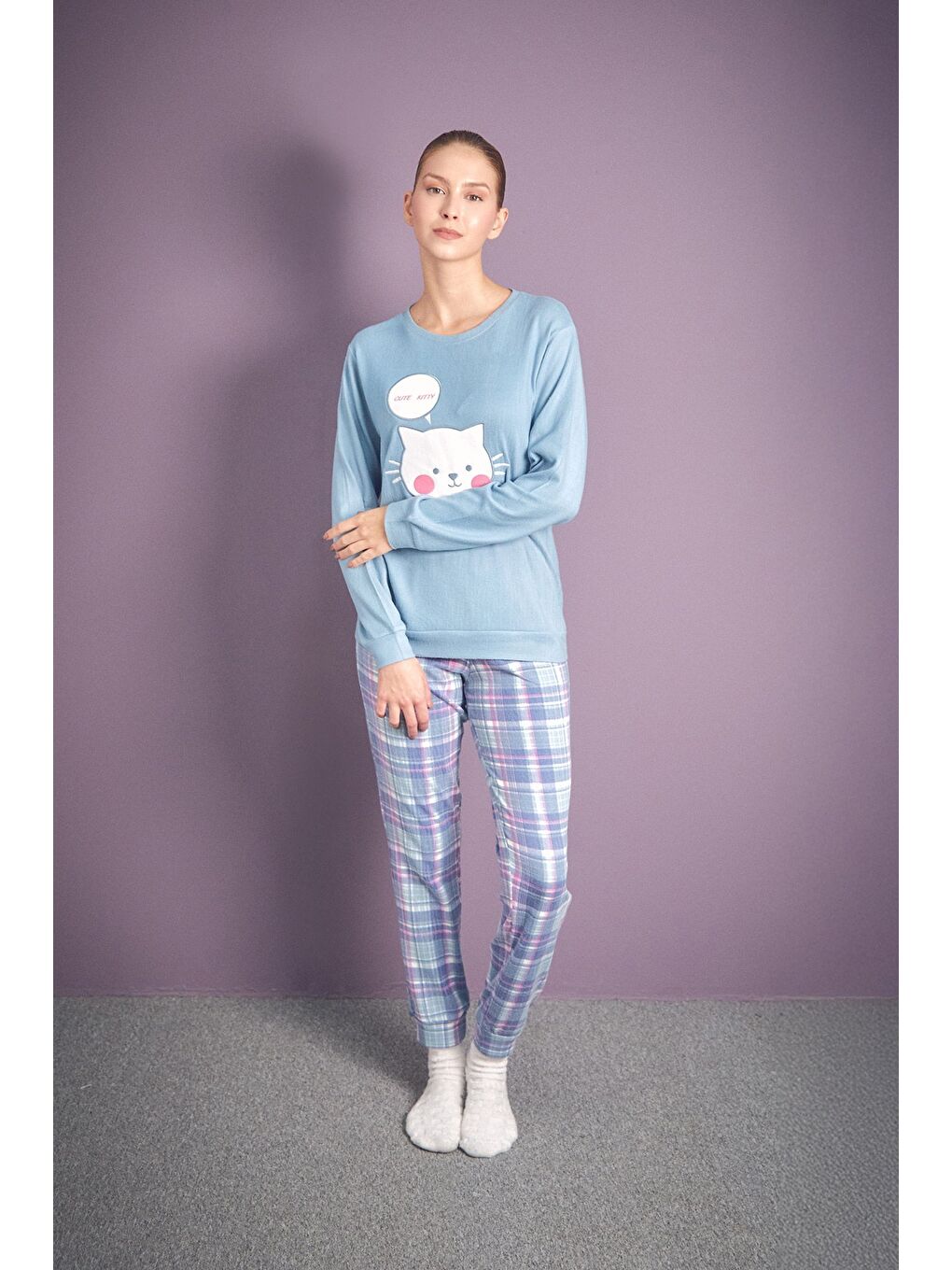 Mavi Kedi Nakışlı Bisiklet Yaka 2'li Pijama Takımı-2