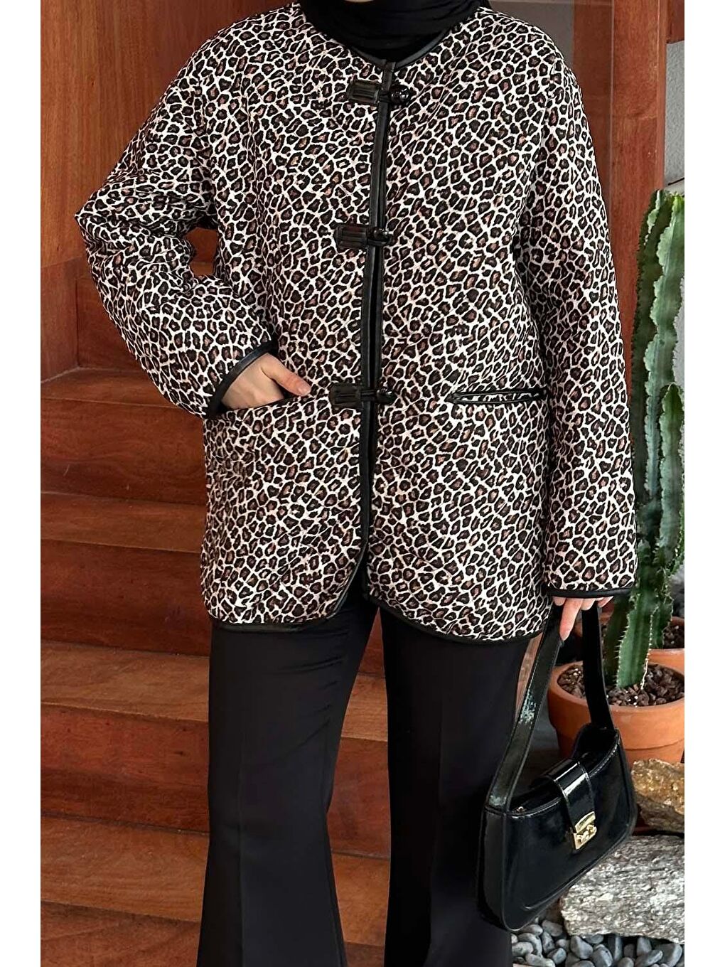 Kahverengi Teddy Düğmeli Çoban Mont Leopar-2