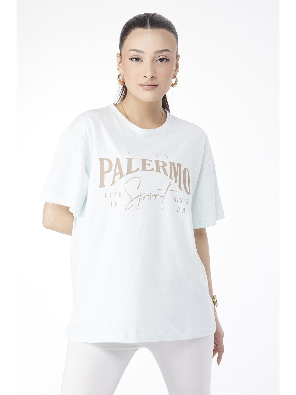 Bisiklet Yaka Kadın Yeşil Kısa Kollu Baskılı Tişört - 24637-3