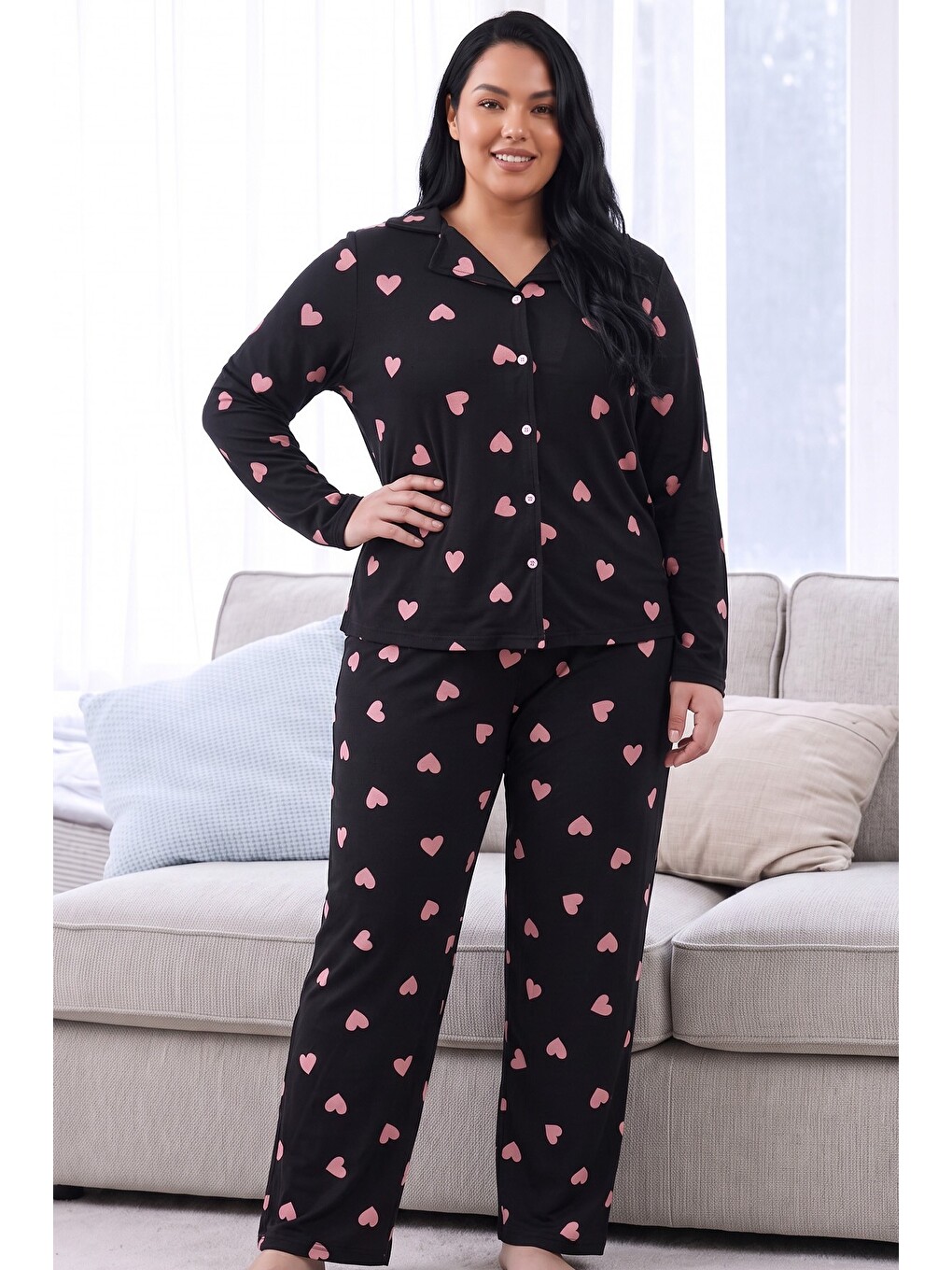 Siyah Desenli Termal Kumaşlı Ultra Soft Yumuşak Büyük Beden Battal Boy Düğmeli Örme Pijama Takımı-1