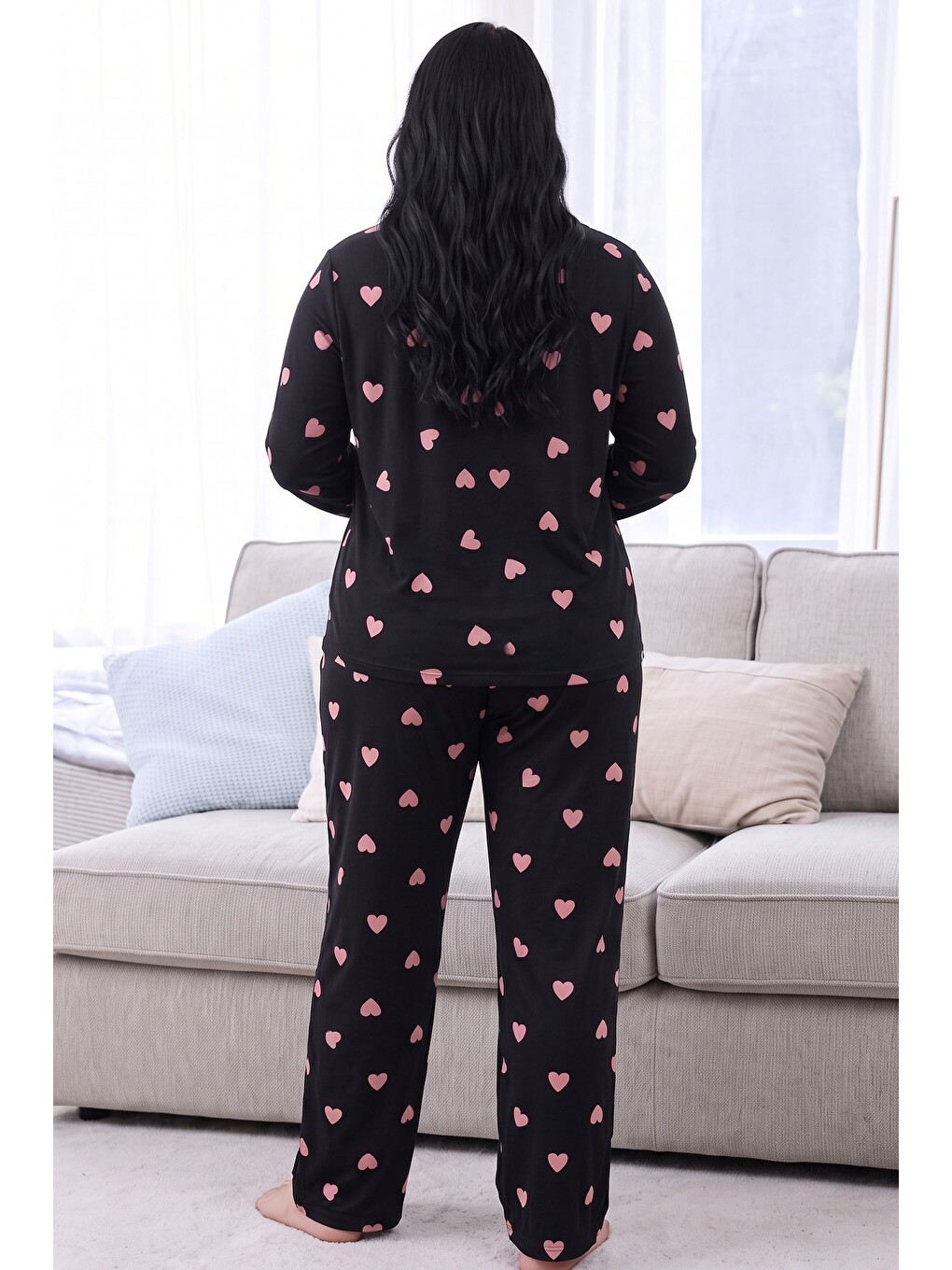 Siyah Desenli Termal Kumaşlı Ultra Soft Yumuşak Büyük Beden Battal Boy Düğmeli Örme Pijama Takımı-2