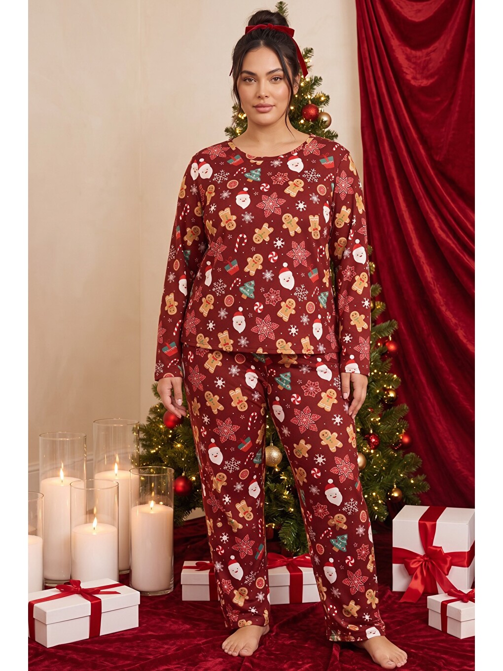 Bordo Yılbaşı Temalı Desenli Termal Kumaşlı Ultra Soft Yumuşak Büyük Beden Battal Boy Örme Pijama Ta-1