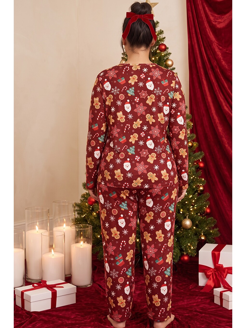 Bordo Yılbaşı Temalı Desenli Termal Kumaşlı Ultra Soft Yumuşak Büyük Beden Battal Boy Örme Pijama Ta-2