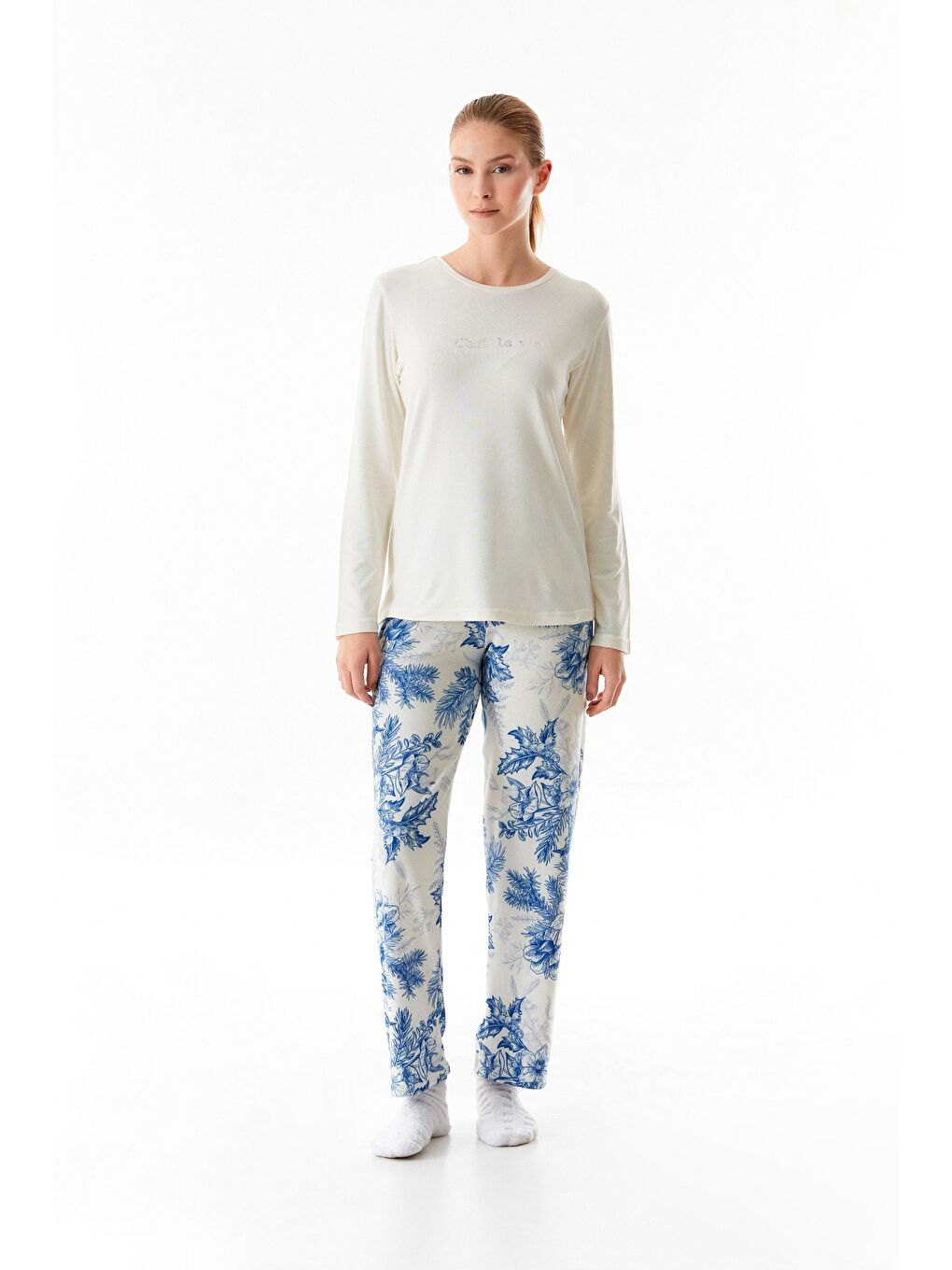 Ekru Yazı Baskılı Bisiklet Yaka 2'li Pijama Takımı-2