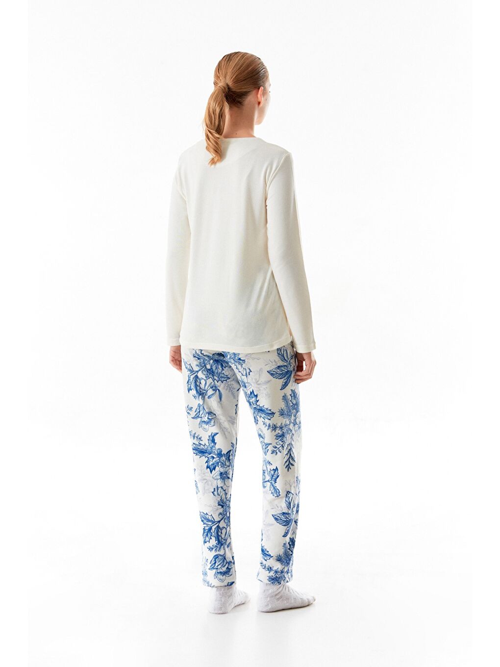 Ekru Yazı Baskılı Bisiklet Yaka 2'li Pijama Takımı-3