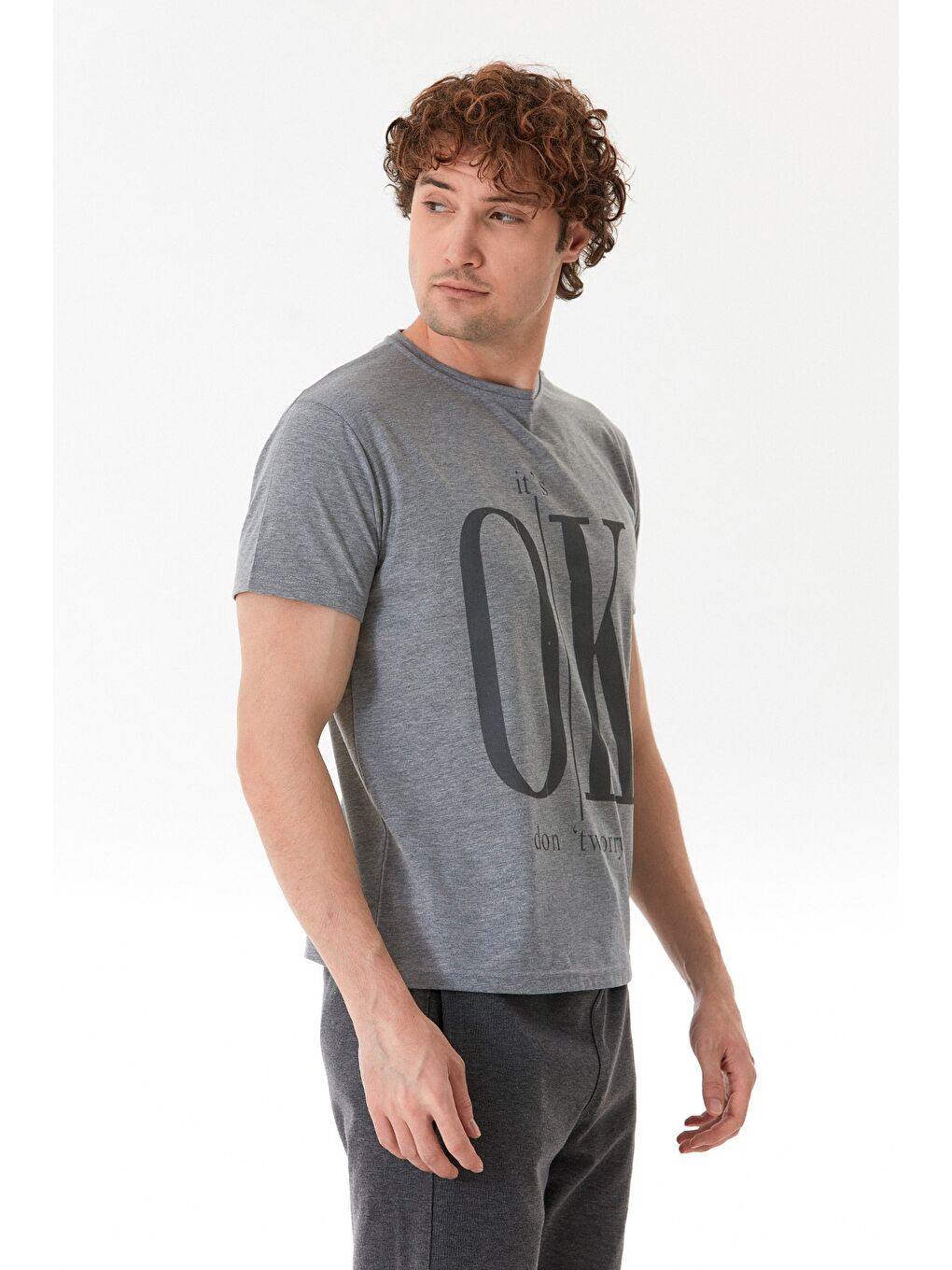 Gri It`s Ok Baskılı Bisiklet Yaka %100 Pamuk Tişört-2