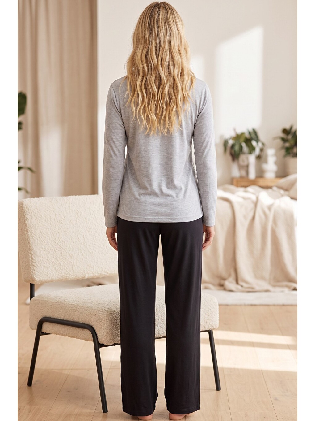 Gri Siyah Elastanlı Örme Pijama Takım 26240365-2