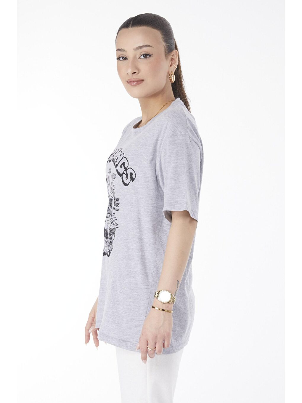 Bisiklet Yaka Kadın Gri Kısa Kollu Baskılı Tişört - 24641-3