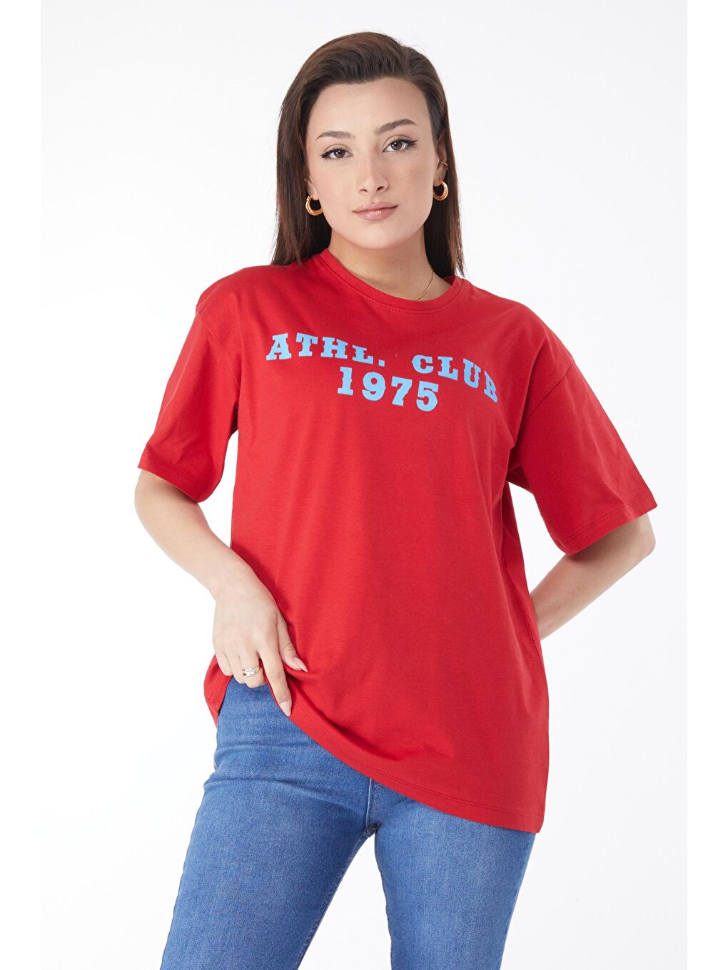 TOFİSA Kırmızı Düz Bisiklet Yaka Kadın Kırmızı Kısa Kollu Baskılı T-shirt - 24644 - 2