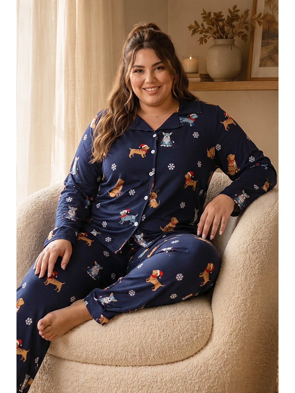 Lacivert Desenli Termal Kumaşlı Ultra Soft Yumuşak Büyük Beden Battal Boy Düğmeli Örme Pijama Takımı