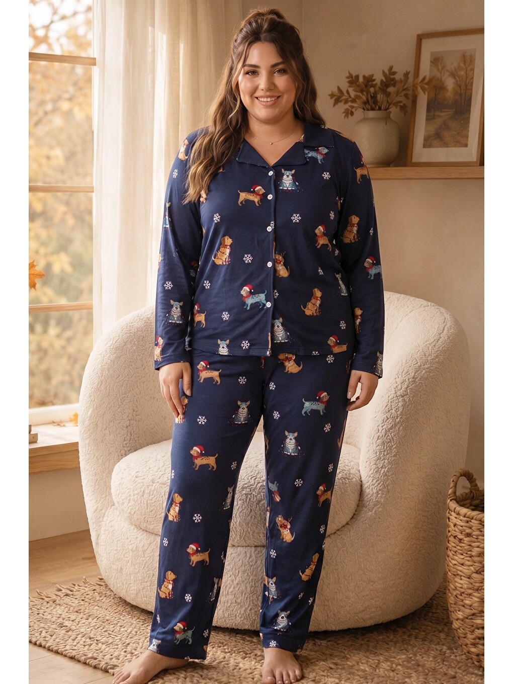 Lacivert Desenli Termal Kumaşlı Ultra Soft Yumuşak Büyük Beden Battal Boy Düğmeli Örme Pijama Takımı-1