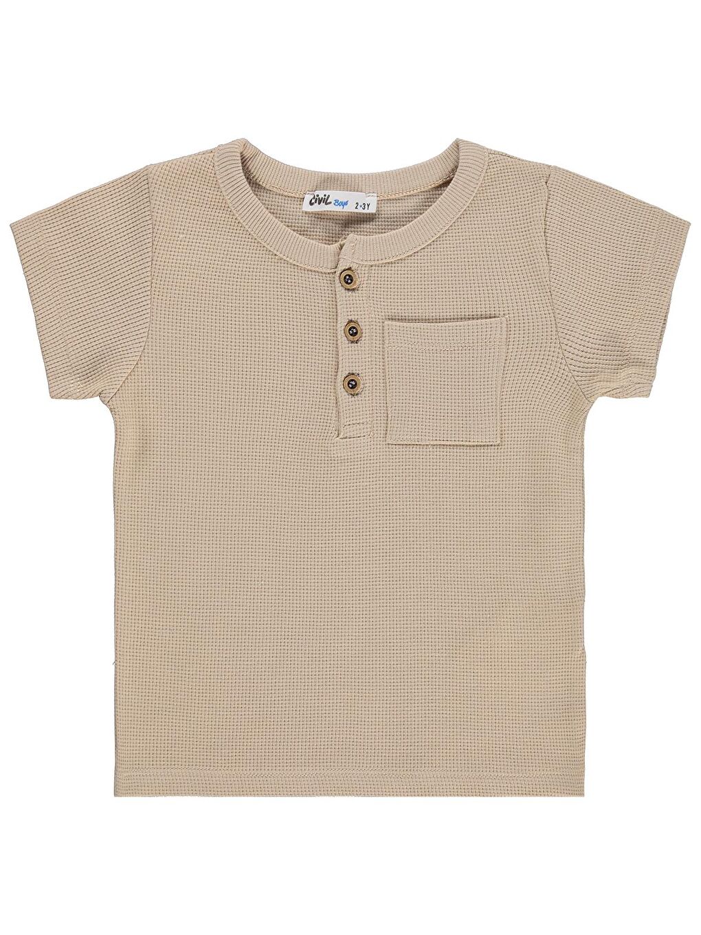Boys Basic Önü Düğmeli 2-5 Yaş Tişört - Bej