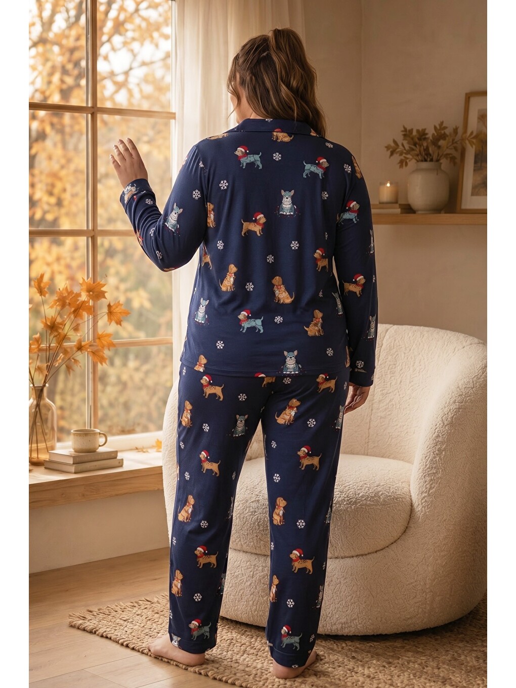 Lacivert Desenli Termal Kumaşlı Ultra Soft Yumuşak Büyük Beden Battal Boy Düğmeli Örme Pijama Takımı-2