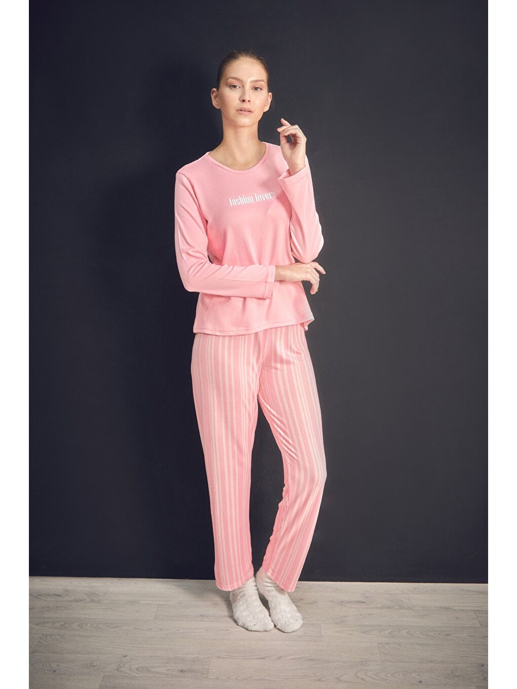 Fullamoda Pembe Yazı Baskılı Bisiklet Yaka 2'li Pijama Takımı
