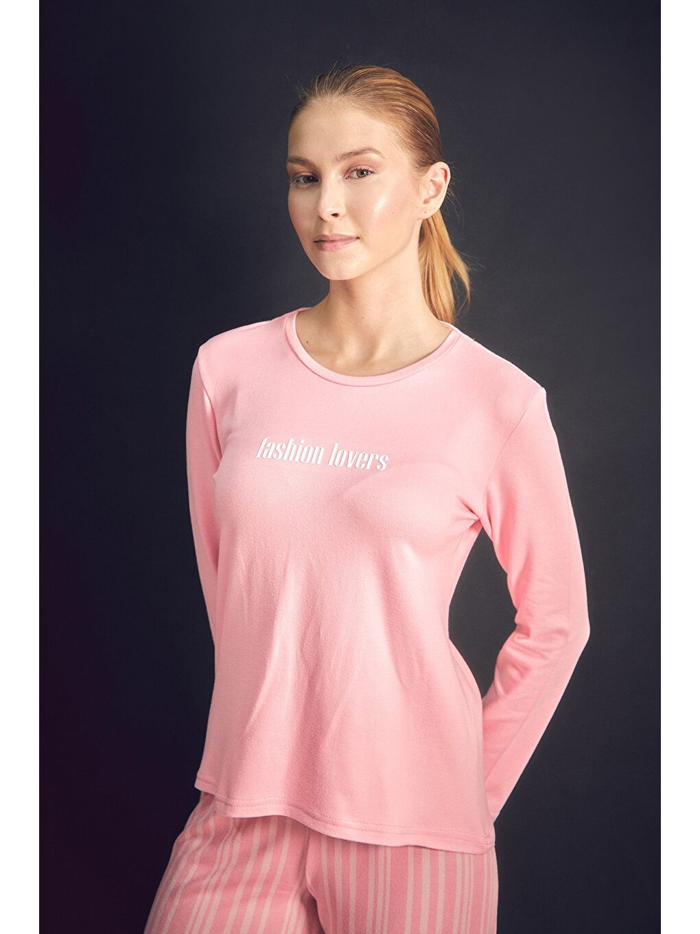 Fullamoda Pembe Yazı Baskılı Bisiklet Yaka 2'li Pijama Takımı - 1