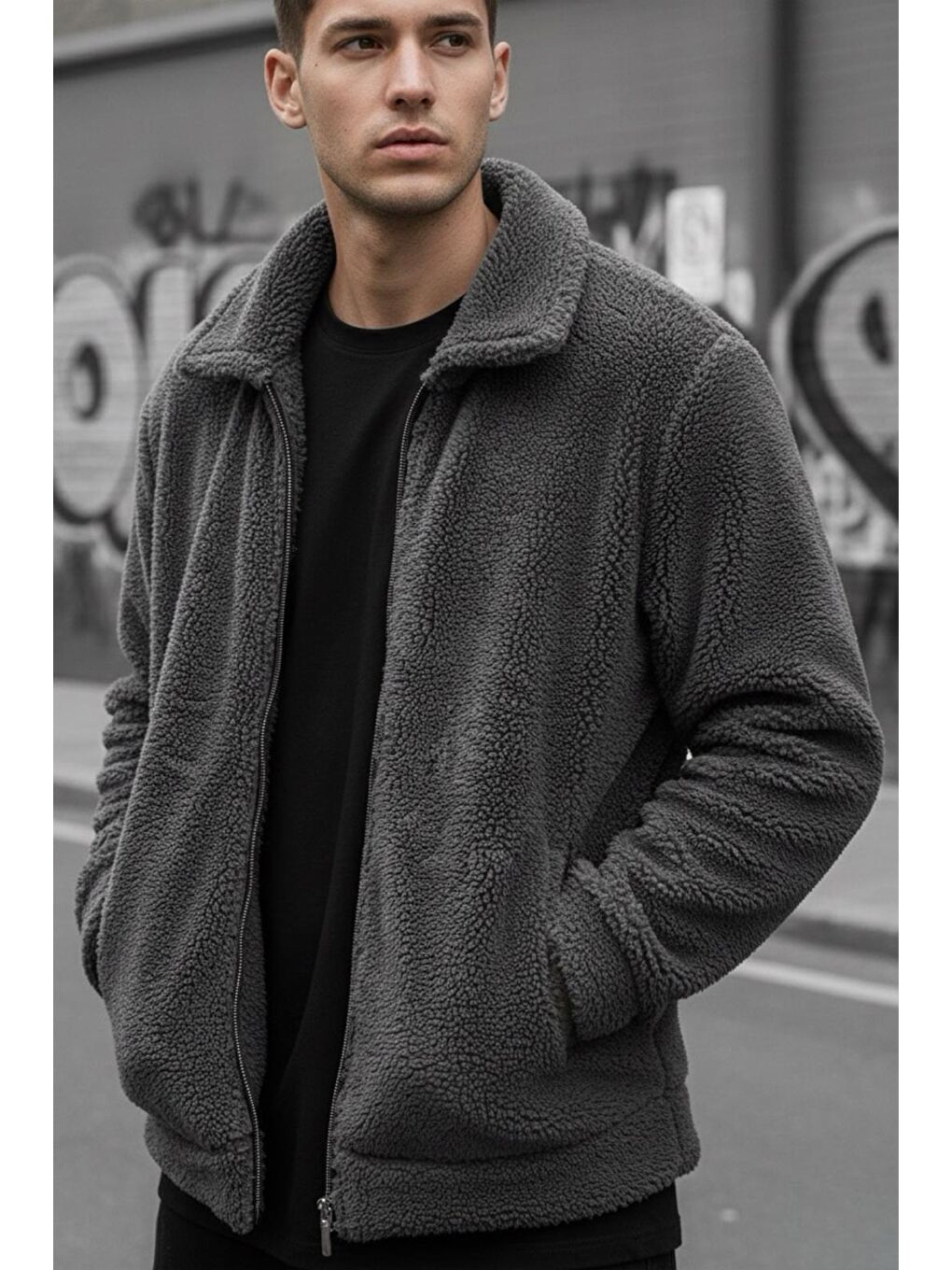 Gri Harris Pelüş İçi Polarlı Tam Fermuarlı Gömlek Yaka Kalın Erkek Hırka Sweatshirt Polar-1