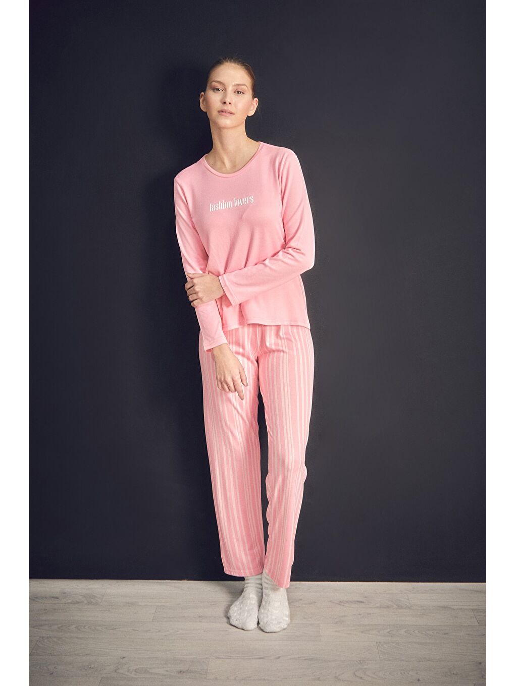 Fullamoda Pembe Yazı Baskılı Bisiklet Yaka 2'li Pijama Takımı - 2
