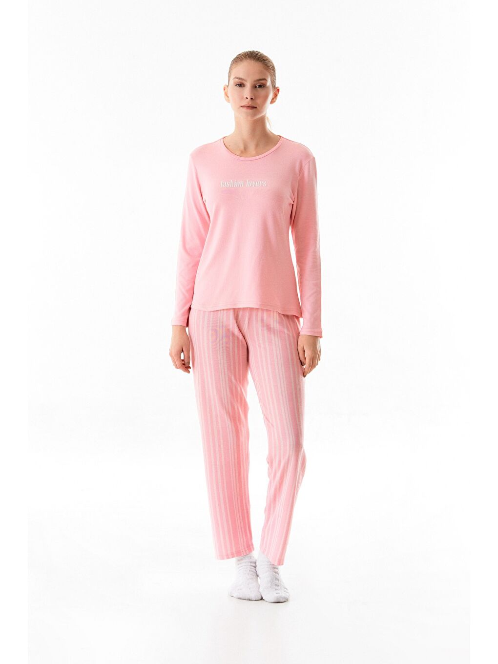 Fullamoda Pembe Yazı Baskılı Bisiklet Yaka 2'li Pijama Takımı - 3