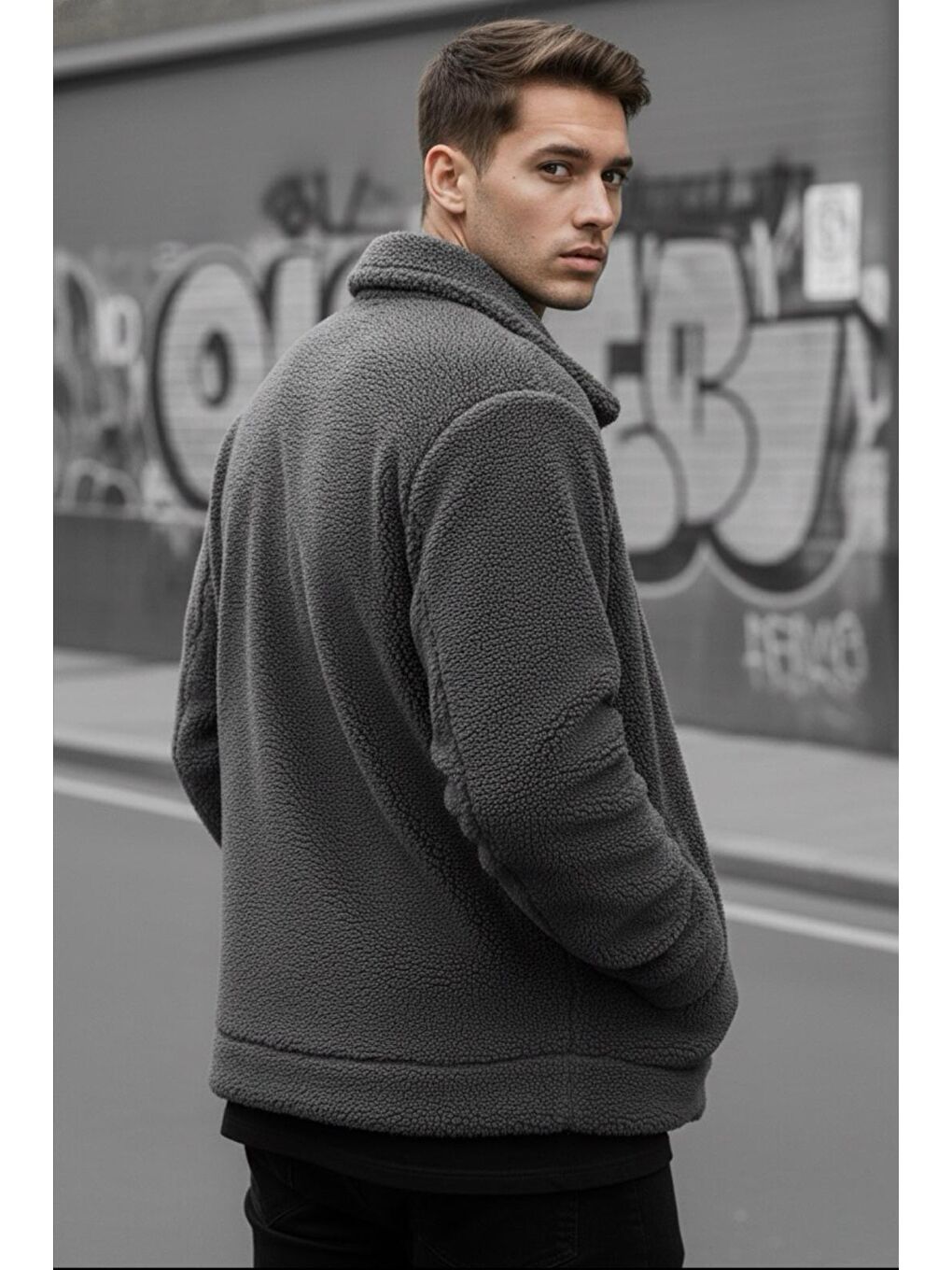 Gri Harris Pelüş İçi Polarlı Tam Fermuarlı Gömlek Yaka Kalın Erkek Hırka Sweatshirt Polar-2