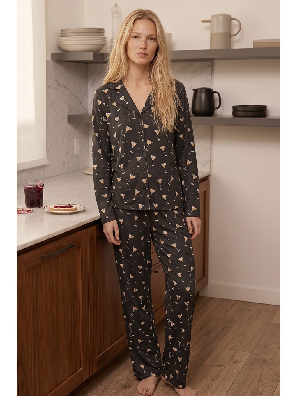 Antrasit Desenli Termal Kumaşlı Ultra Soft Yumuşak Düğmeli Örme Pijama Takımı-1