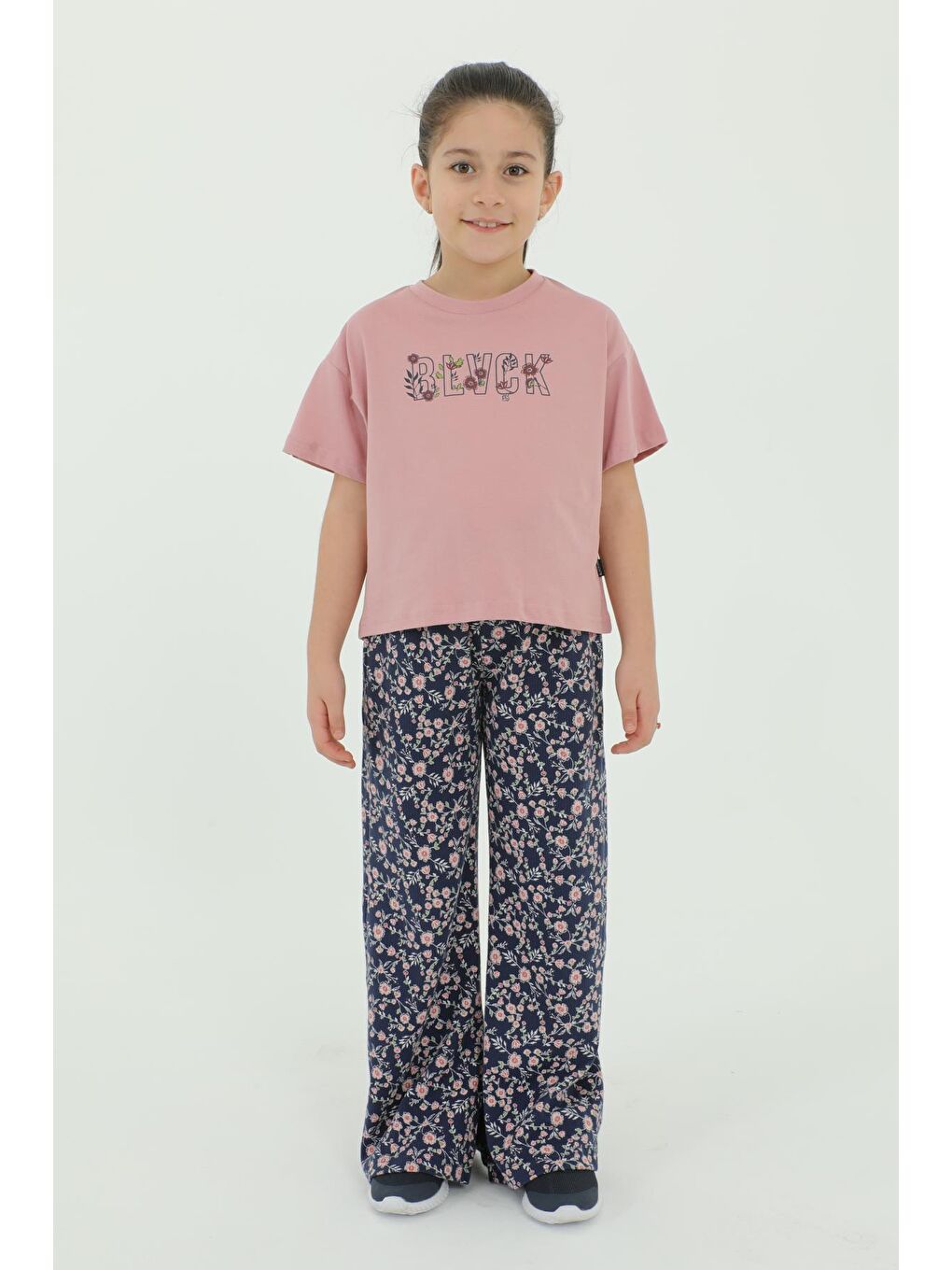 Pembe Bisiklet Yaka Baskı Detaylı Çiçekli Kız Çocuk Alt Üst Takım