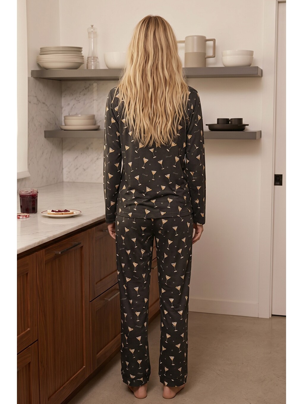 Antrasit Desenli Termal Kumaşlı Ultra Soft Yumuşak Düğmeli Örme Pijama Takımı-2