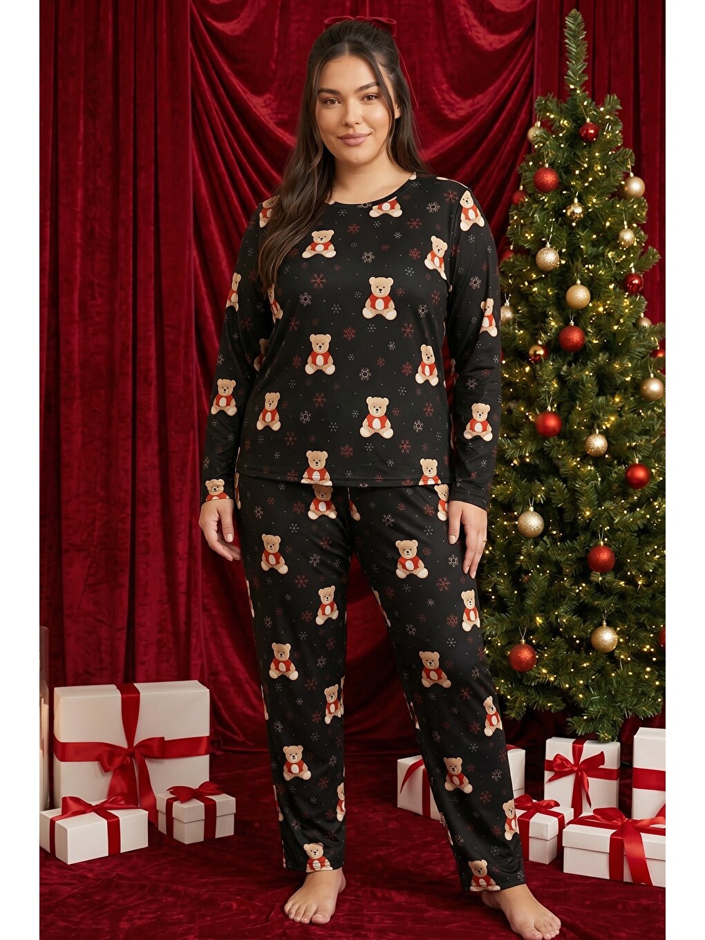 Siyah Yılbaşı Temalı Desenli Termal Kumaşlı Ultra Soft Yumuşak Büyük Beden Battal Boy Örme Pijama Ta-1