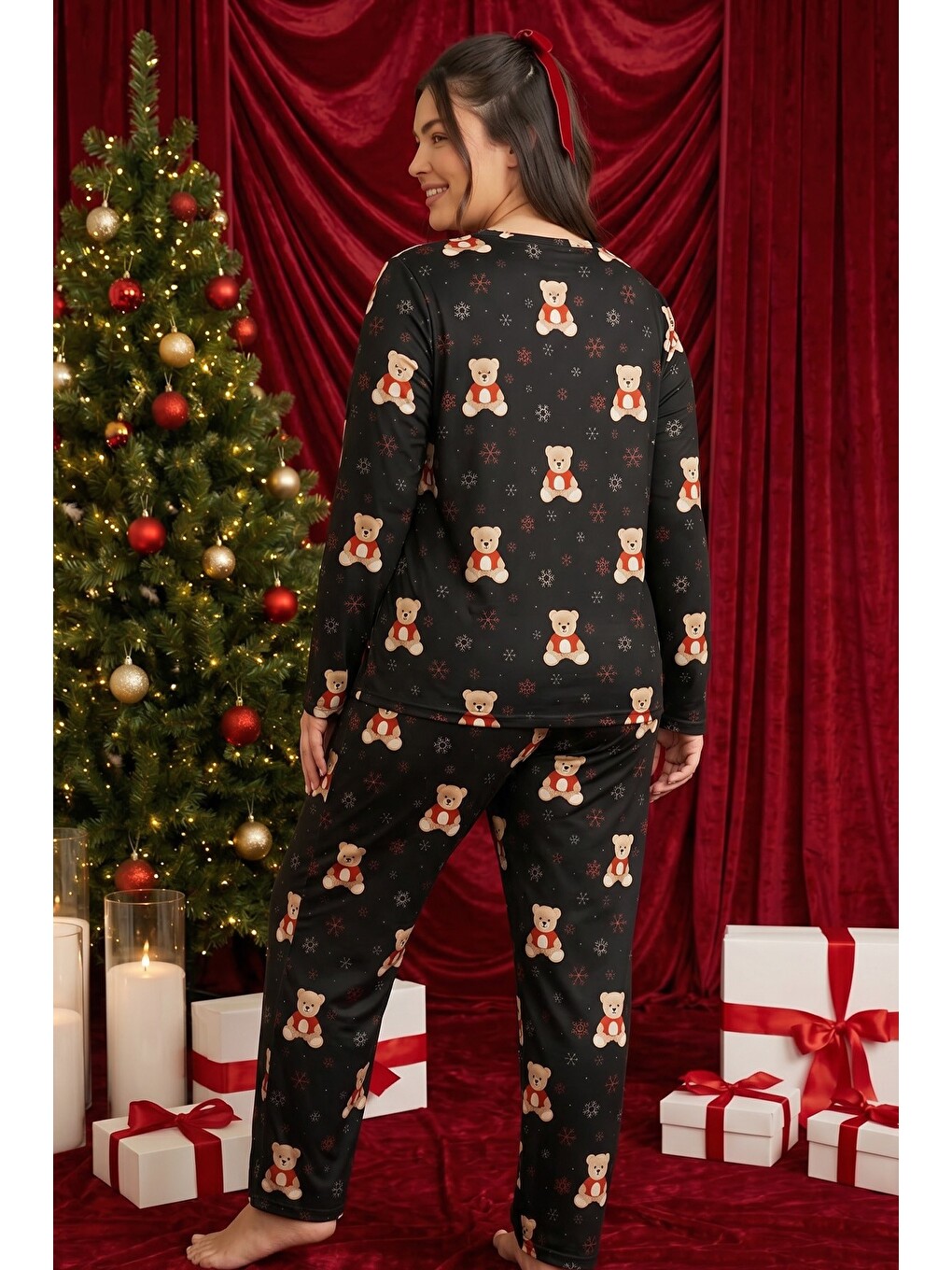 Siyah Yılbaşı Temalı Desenli Termal Kumaşlı Ultra Soft Yumuşak Büyük Beden Battal Boy Örme Pijama Ta-2