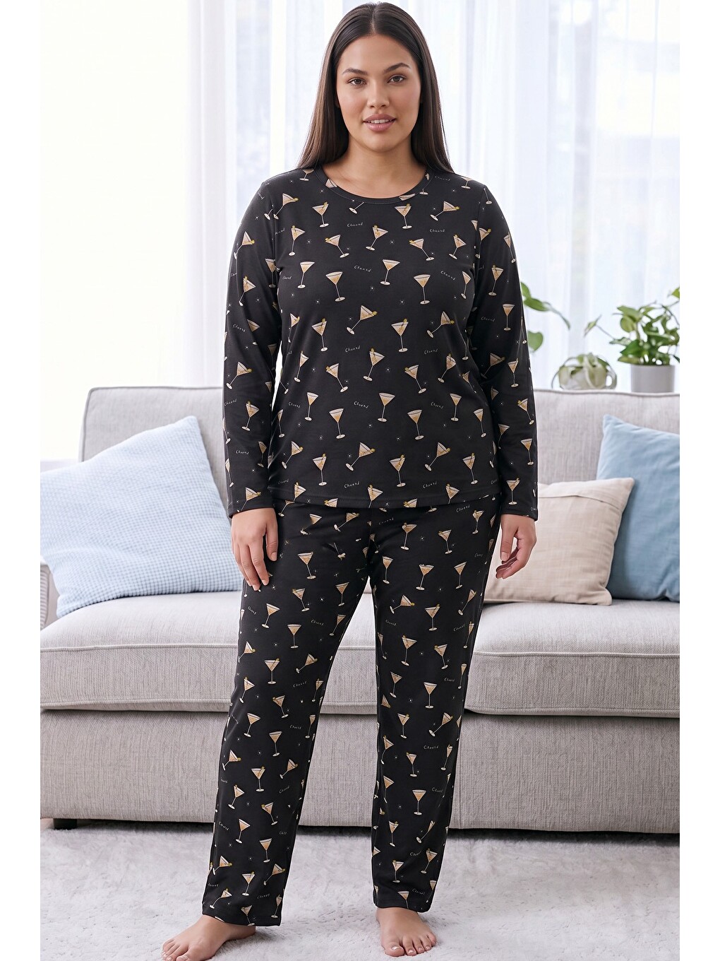 Antrasit Desenli Termal Kumaşlı Ultra Soft Yumuşak Büyük Beden Battal Boy Örme Pijama Takımı-1