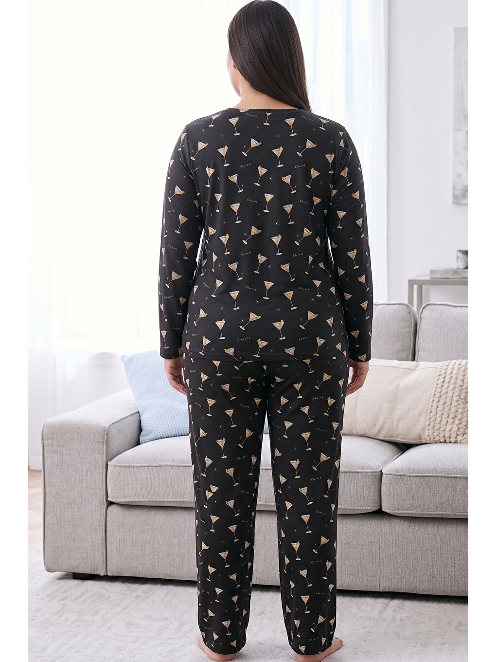 Antrasit Desenli Termal Kumaşlı Ultra Soft Yumuşak Büyük Beden Battal Boy Örme Pijama Takımı-2