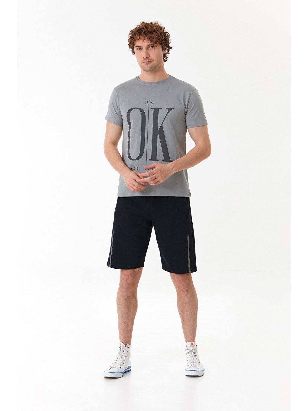 Gri It`s Ok Baskılı Bisiklet Yaka Tişört-1