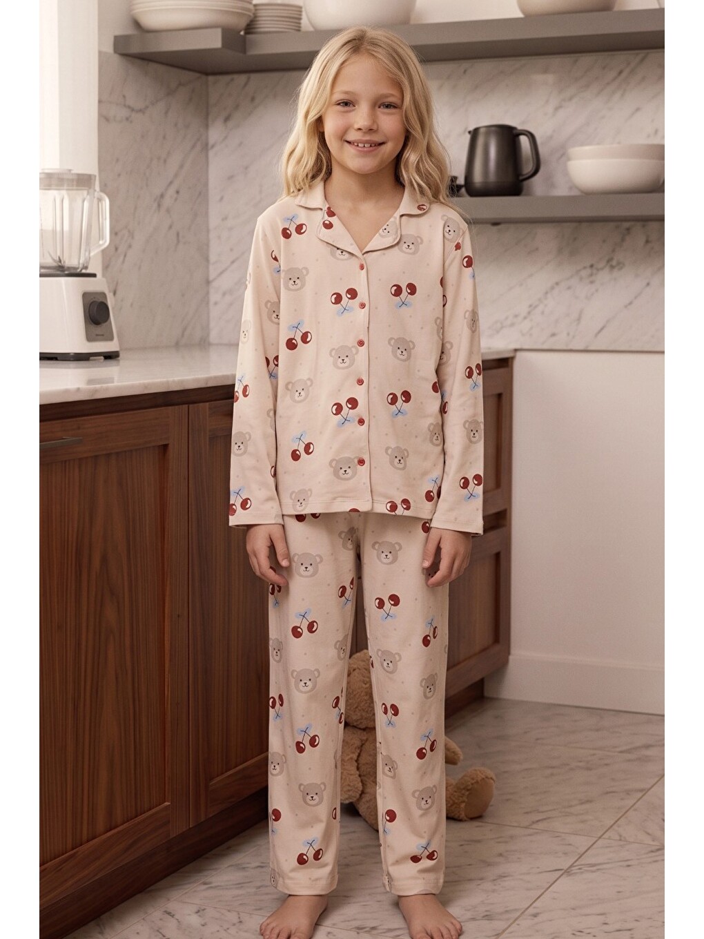 Ekru Krem Desenli Termal Kumaşlı Ultra Soft Yumuşak Düğmeli Örme Pijama Takımı-4