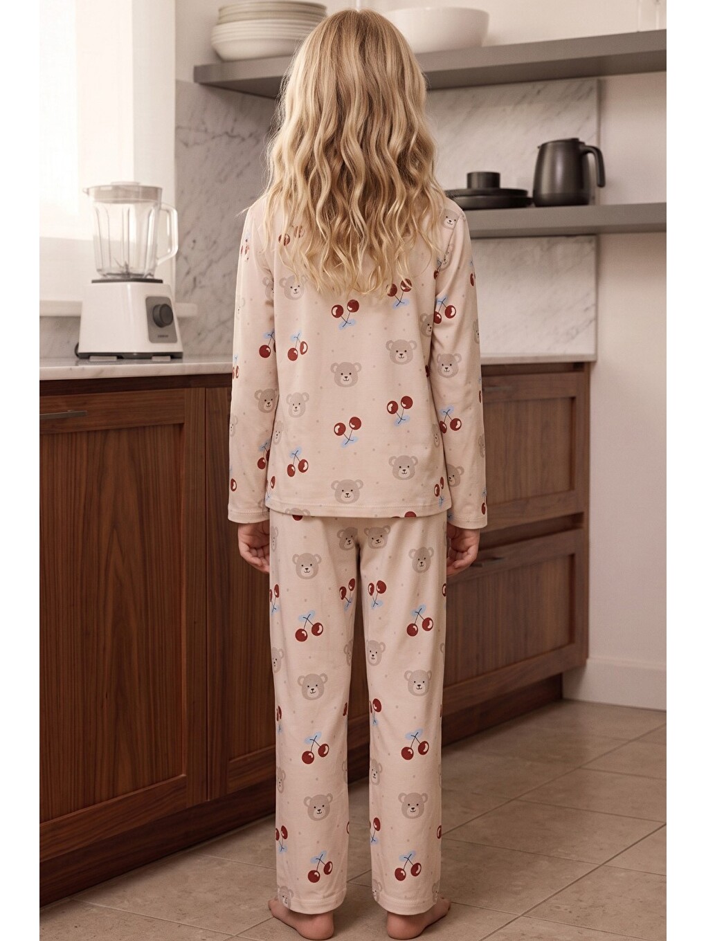 Ekru Krem Desenli Termal Kumaşlı Ultra Soft Yumuşak Düğmeli Örme Pijama Takımı-5