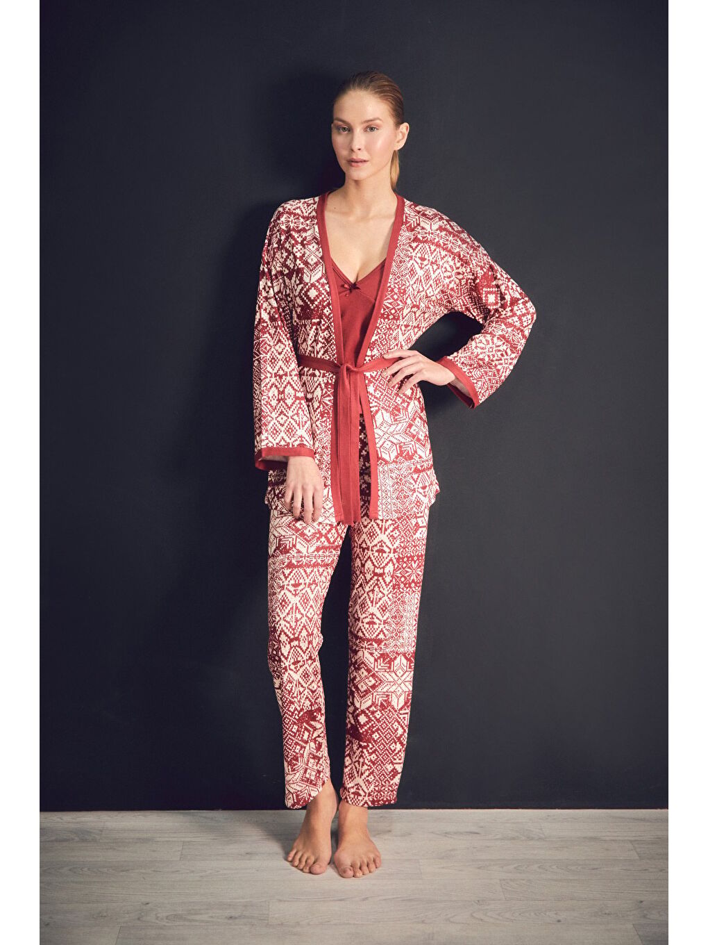 Bordo Etnik Desenli Askılı 3'lü Pijama Takımı