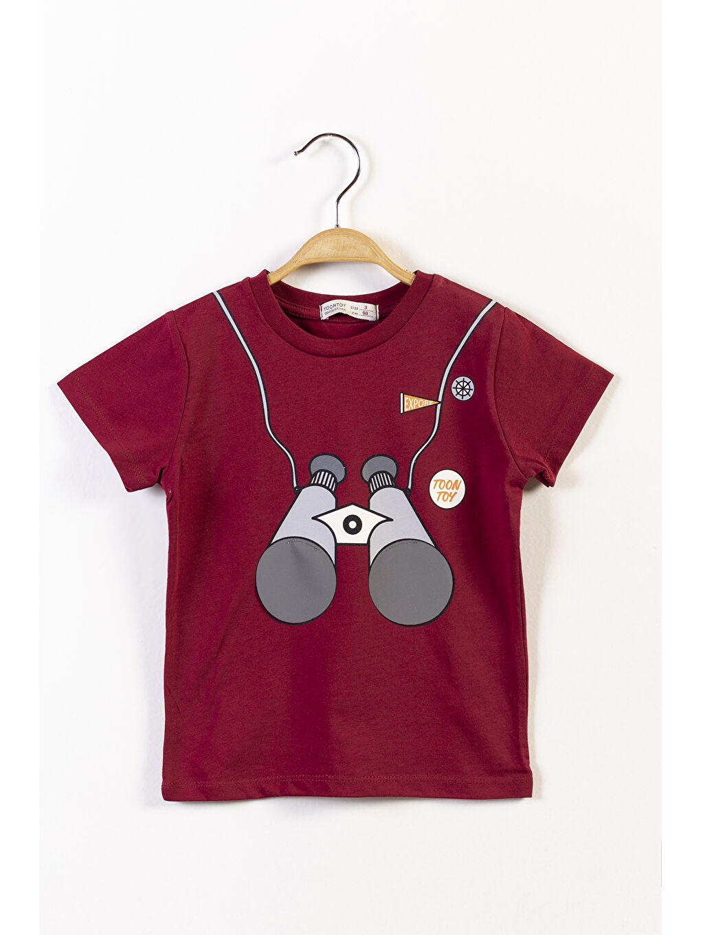 Bordo Erkek Çocuk Reflektör Detaylı Dürbün Baskılı Tişört
