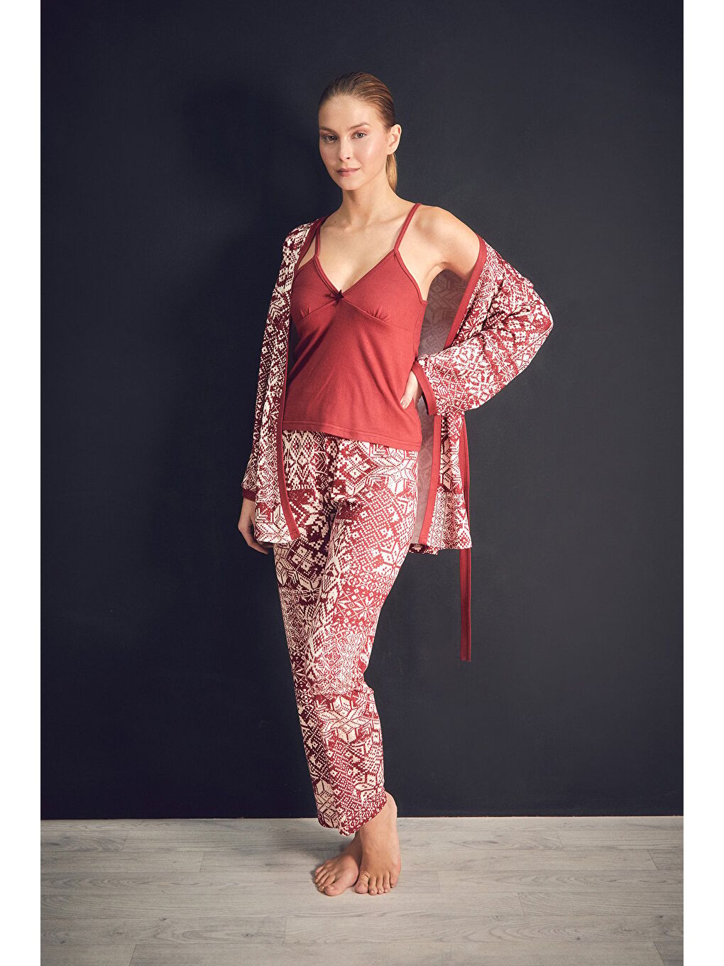 Bordo Etnik Desenli Askılı 3'lü Pijama Takımı-1