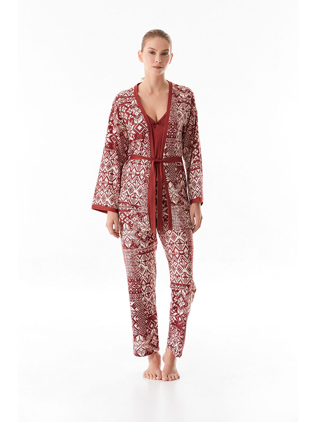 Bordo Etnik Desenli Askılı 3'lü Pijama Takımı-2