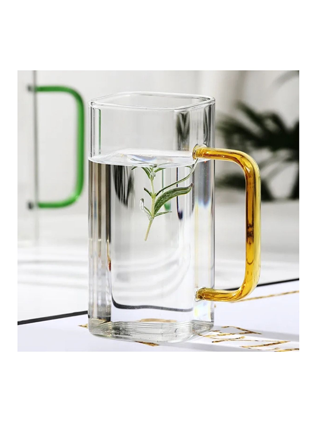 Renksiz Turuncu Renkli Borosilikat Cam Kare Kulplu Kupa 350 ml 2 Adet 2950-3