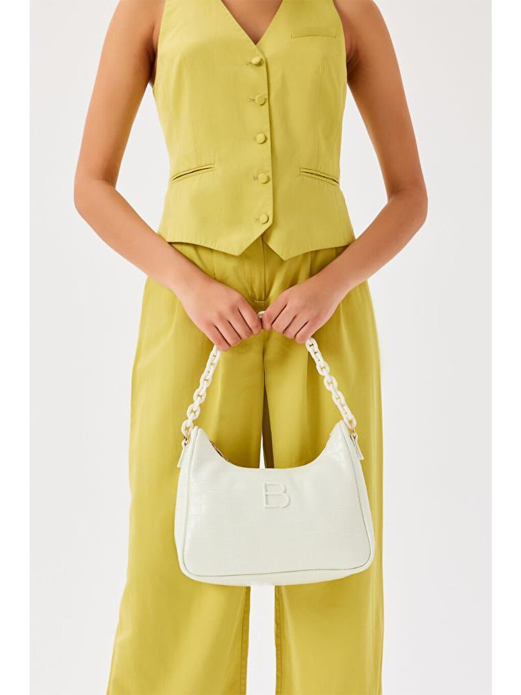 Beyaz Desenli Zincir Askılı Kadın El ve Omuz Çantası-4