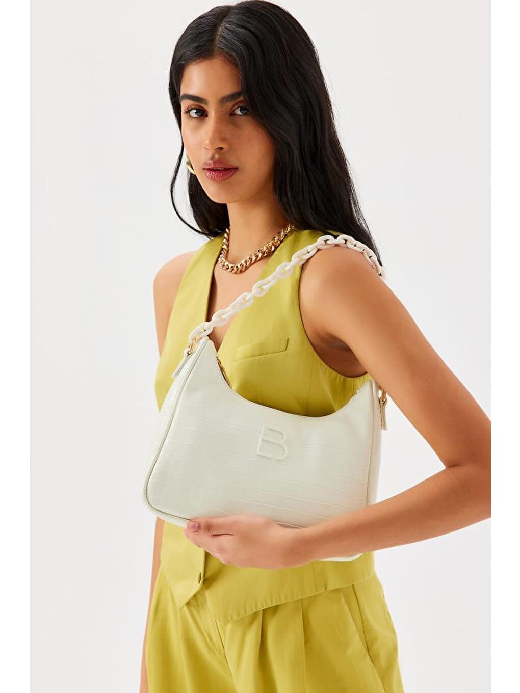 Beyaz Desenli Zincir Askılı Kadın El ve Omuz Çantası-5