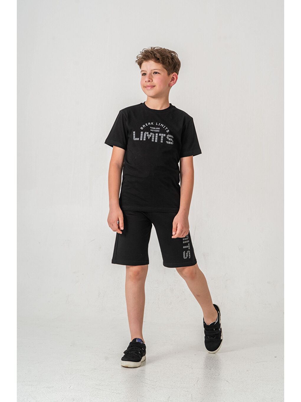 Siyah Break Limits Fearless Nothing  Limits Baskılı Erkek Çocuk Şort - Tişört Takımı-1